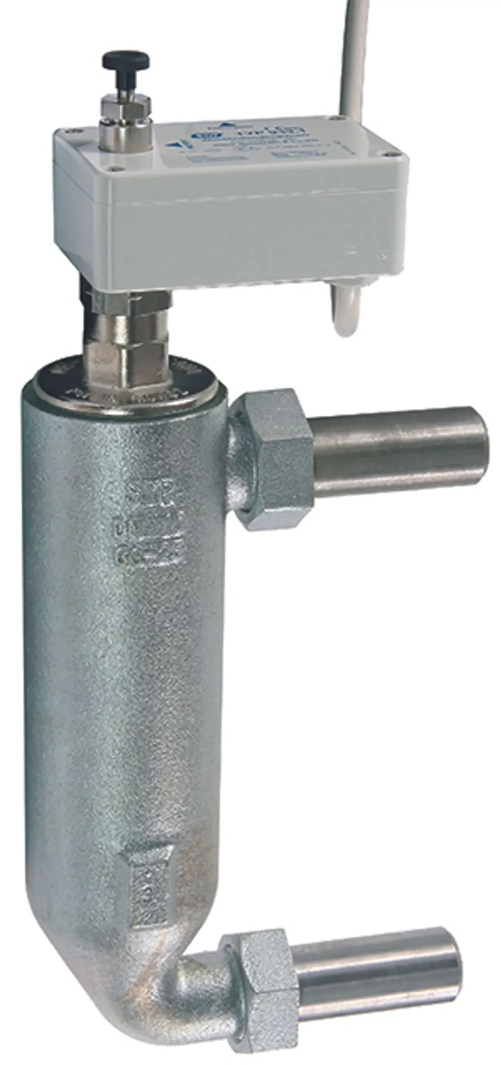 Wasserstandbegrenzer mit Verbindungsteilen und einem oberen Gehäuse, ausgestattet mit einem Knopf zur Einstellung. Produkt von Syr, geeignet für Wasseranwendungen.
